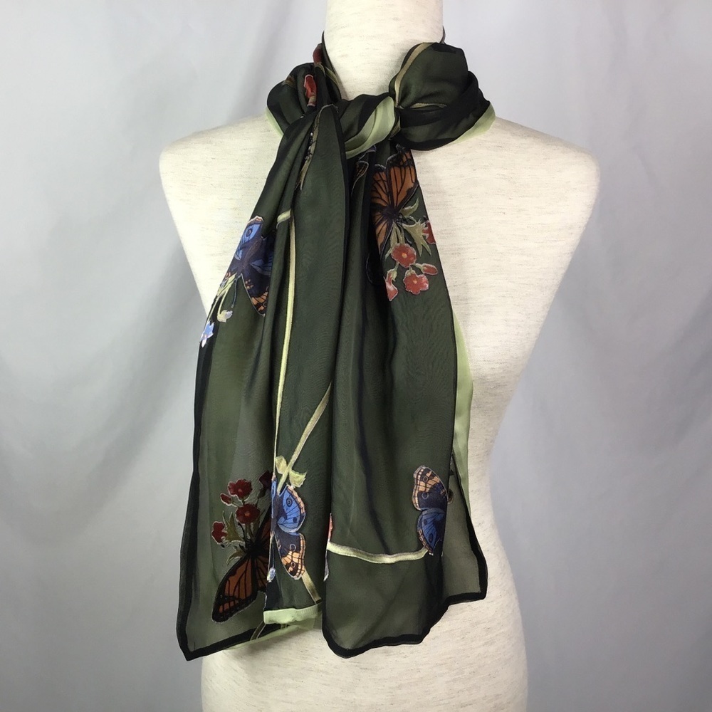 Scarf Wrap Butterfly Appliqué Black Green Multicolor Rectangle One Size